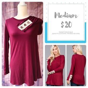 NWT Burgundy Boutique Lace And Button Top